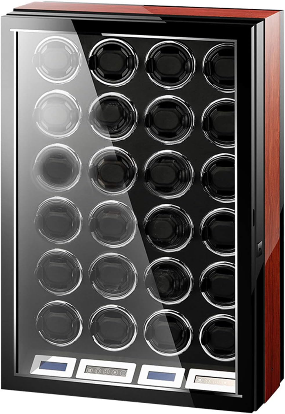 CHIYODA Automatic Watch Winder for 24 Watches with 24 Quiet Mabuchi Motors, with LCD Touch Control Screen, Remote Control and Display Screen, High Gloss Black and Camphor Wooden Box