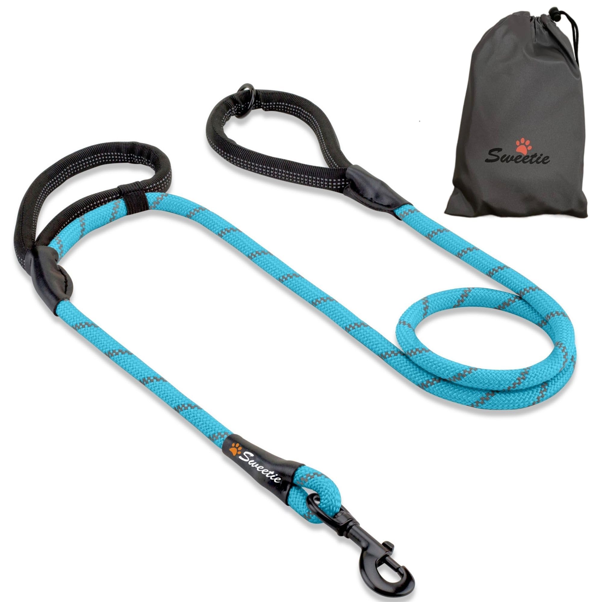 Sweetie Rope Dog Lead - Strong Leash with 2 Comfortable Padded Handles 5 FT for Medium & Large Size Pets - Reflective, Weather Resistant & O-Ring. Blue