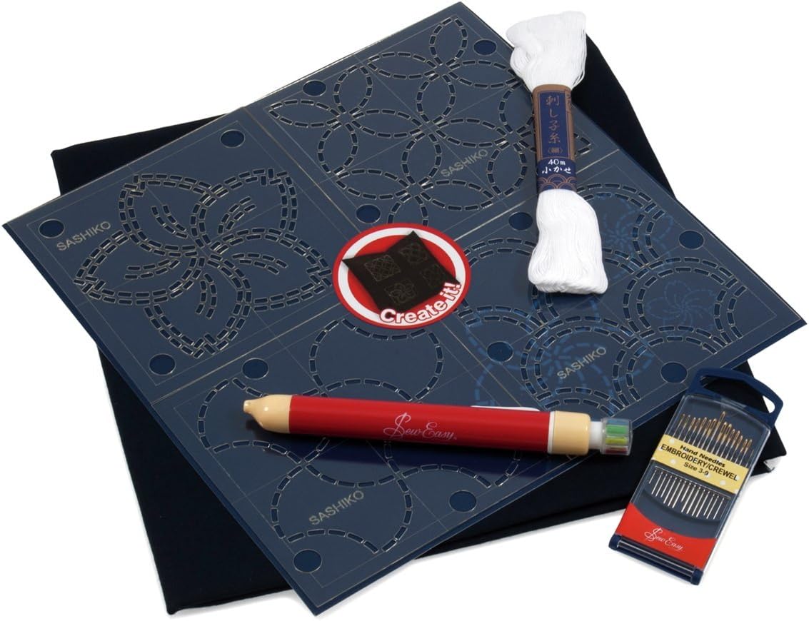 Sew Easy Sashiko Kit - 40 x 40cm Cushion Cover Kit, Complete Set including Thread Fabric Templates Pencil Needles Instructions - Image 3
