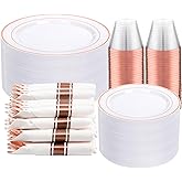 DaYammi 350PCS Rose Gold Plastic Dinnerware Set for 50 Guests, Plastic Plates for Party Include: 50 Dinner Plates, 50 Dessert plates,50 Pre Rolled Napkins with Rose Gold Silverware,50 Cups for Wedding