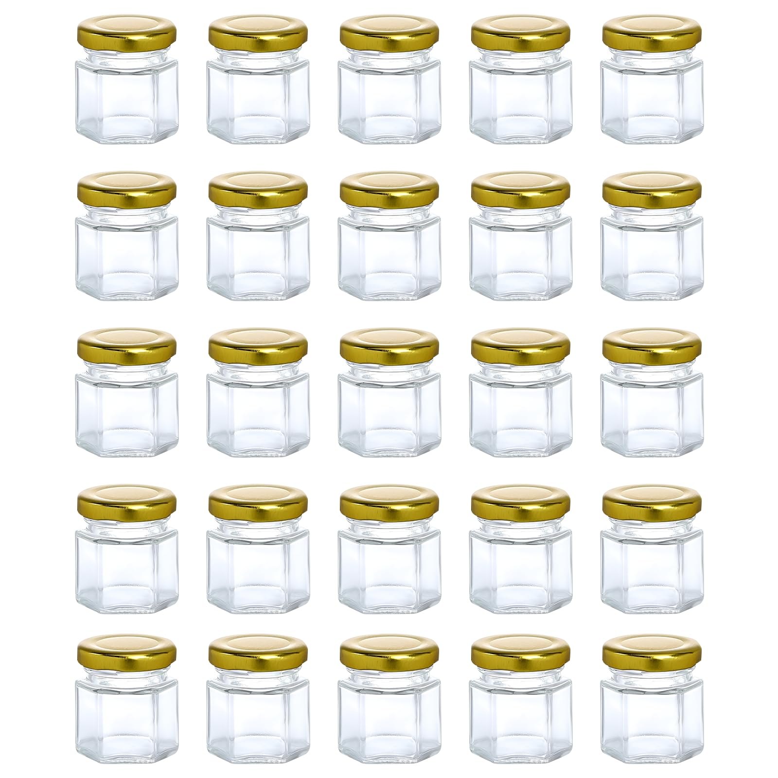 30Pcs 45ML Hexagonal Small Glass Jars, Small Jar for Storage Mason Jars with Airtight Metal Lid Gold Kitchen Storage Jars for Preservatives, Pickle, Jam Crafts, Honey Spices small jam jars with lids