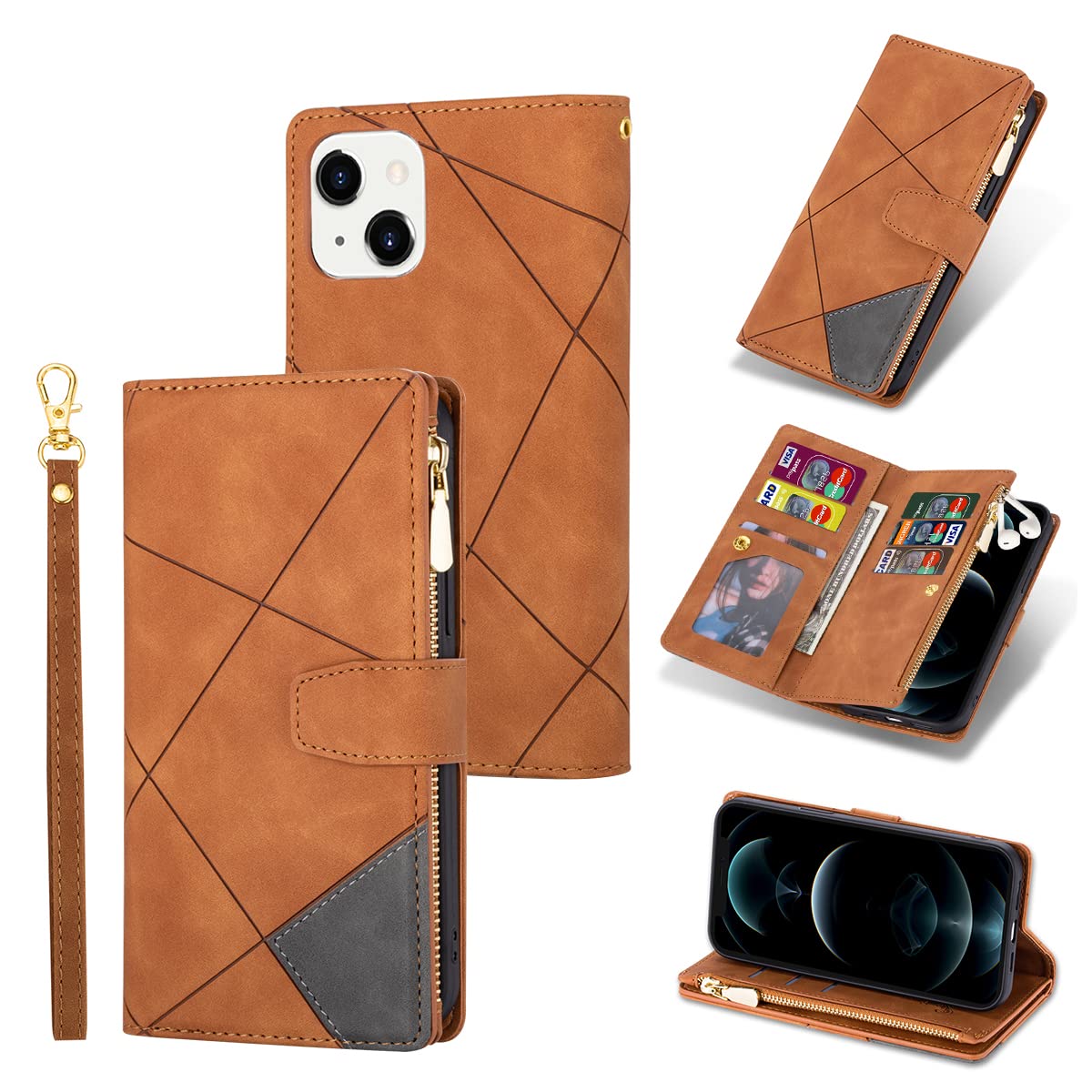 UEEBAI Wallet Case for iPhone 14 6.1 inch, Vintage Premium PU Leather Cover Flip Case with Card Slots Magnetic Closure Zipper Pocket Kickstand Handbag with Hand Strap - Brown