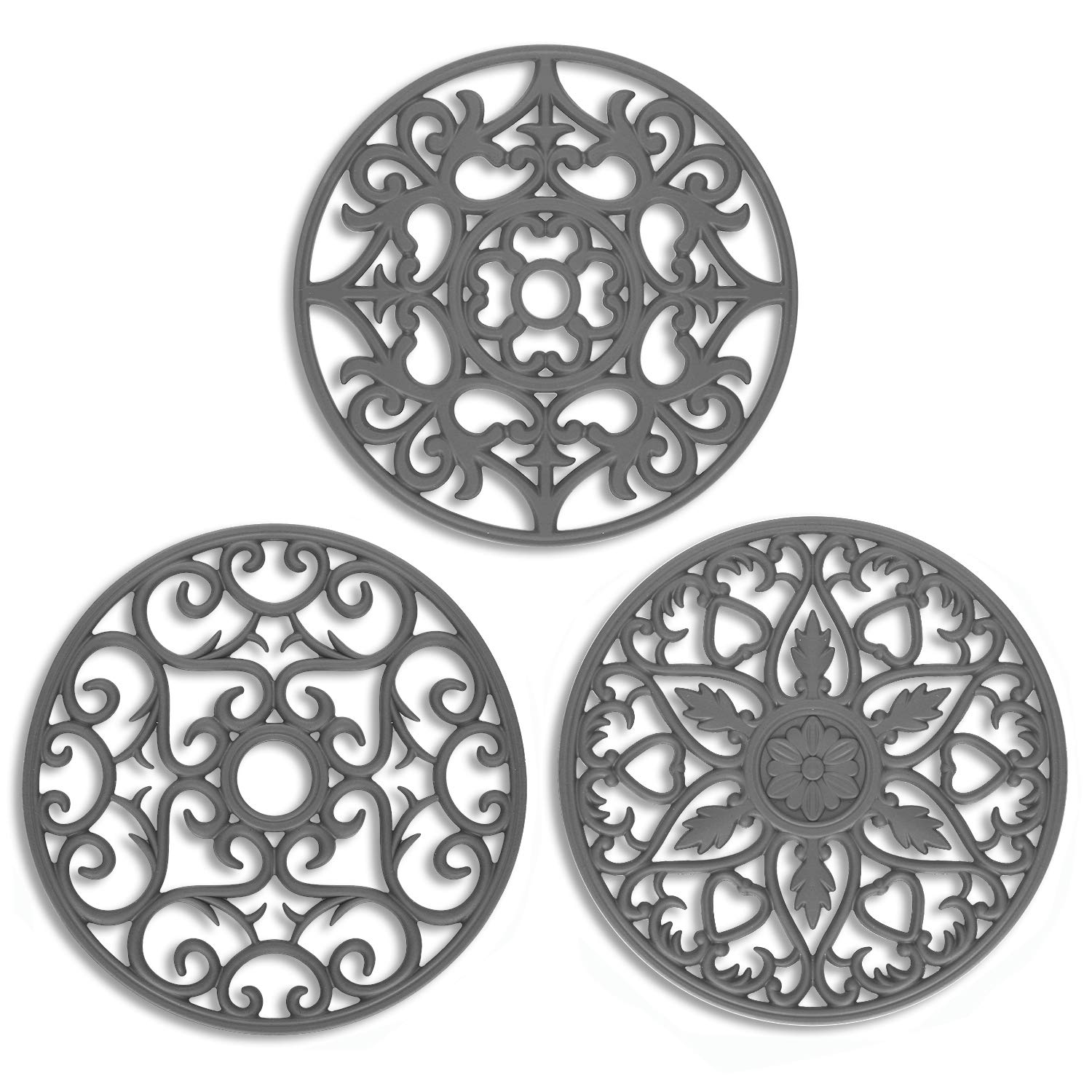 ME.FAN Silicone Trivet 3 Set Silicone Trivet Mat - Multi-Use Intricately Carved Insulated Flexible Durable Non Slip Coasters (Grey)