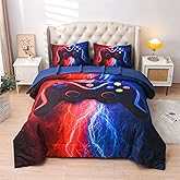 Meeting Story Gamer Gaming Bedding Sets Red Blue Lightnings Gamepad Comforter Set for Boys Games Console Action Buttons Novelty Colorful Modern Room Decor Home Quilt Set (Red-Blue, Full 5Pcs)