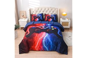 Meeting Story Gamer Gaming Bedding Sets Red Blue Lightnings Gamepad Comforter Set for Boys Games Console Action Buttons Novelty Colorful Modern Room Decor Home Quilt Set (Red-Blue, Full 5Pcs)