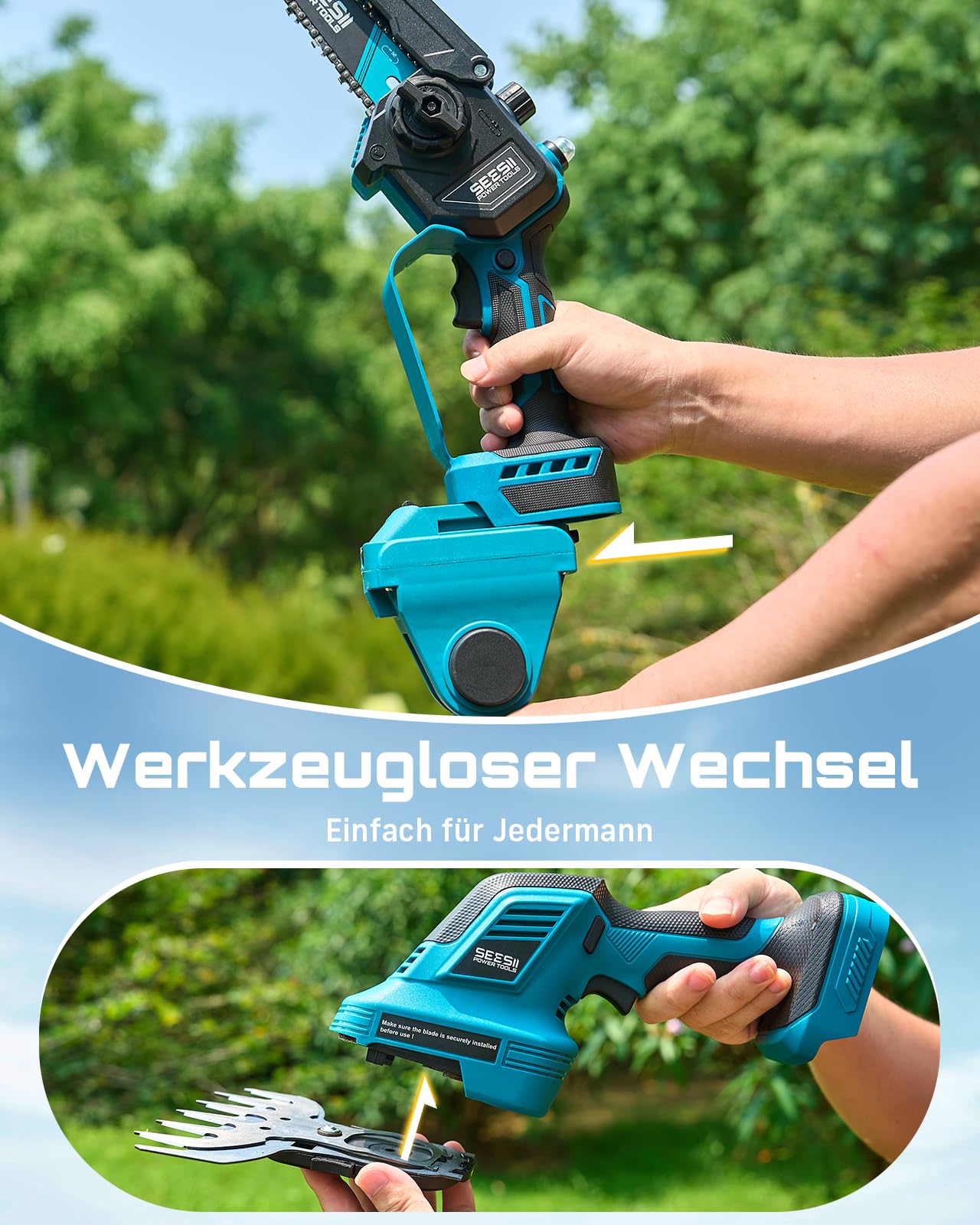 SEESII 6-in-1 Mini Kettensäge & Akku Heckenschere Set, Hochentaster mit 2 * 4000mAh Akkus, Maximale Reichweite bis zu 4,57m, Geeignet für Gartenpflege und zum Holzfällen 7