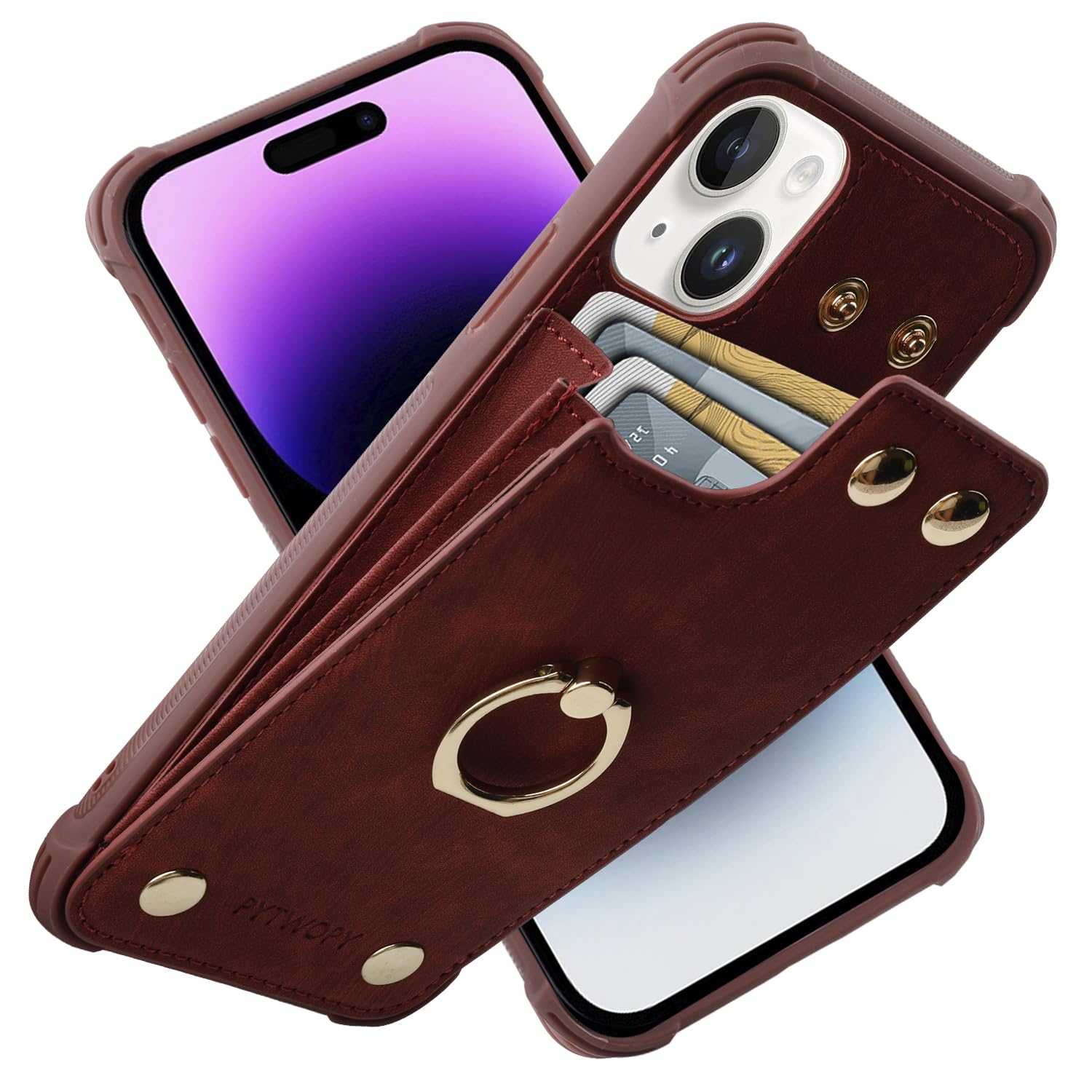 Photo 1 of PYTWOPY Wallet Case Compatible for iPhone 15 with Credit Card Holder,Leather Shockproof Protective Phone Cover 6.1 inch Supports 360°Rotation Ring Stand and RFID Blocking,Burgundy