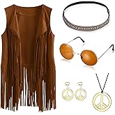 60s 70s Outfits for Women Party Accessories Peace Sign Earring Headband Fringe Vest Tassel Cardigan