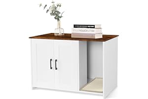 DWANTON Litter Box Enclosure, Cat Litter Box Furniture Hidden, with Scratching Mat, Wooden Cat Washroom Indoor, 31.5" L x 19.7" W x 21.7" H, White and Rustic Brown