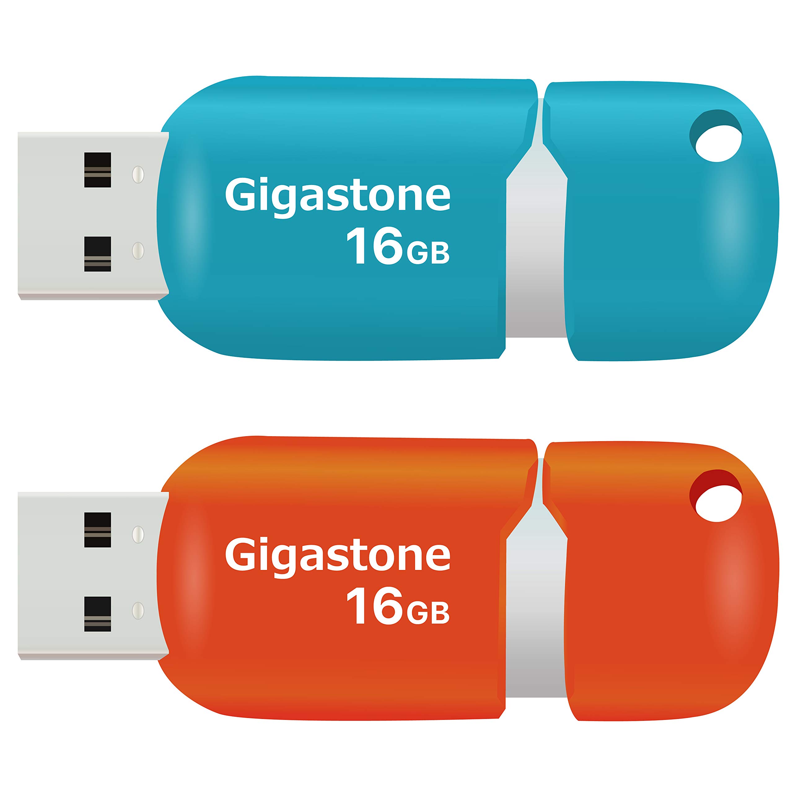 GIGASTONE 16GB 2-Pack V10 USB 2.0 Flash Drive Thumb Drive Memory Stick Pen Drive Capless Retractable Design (Blue&Orange)