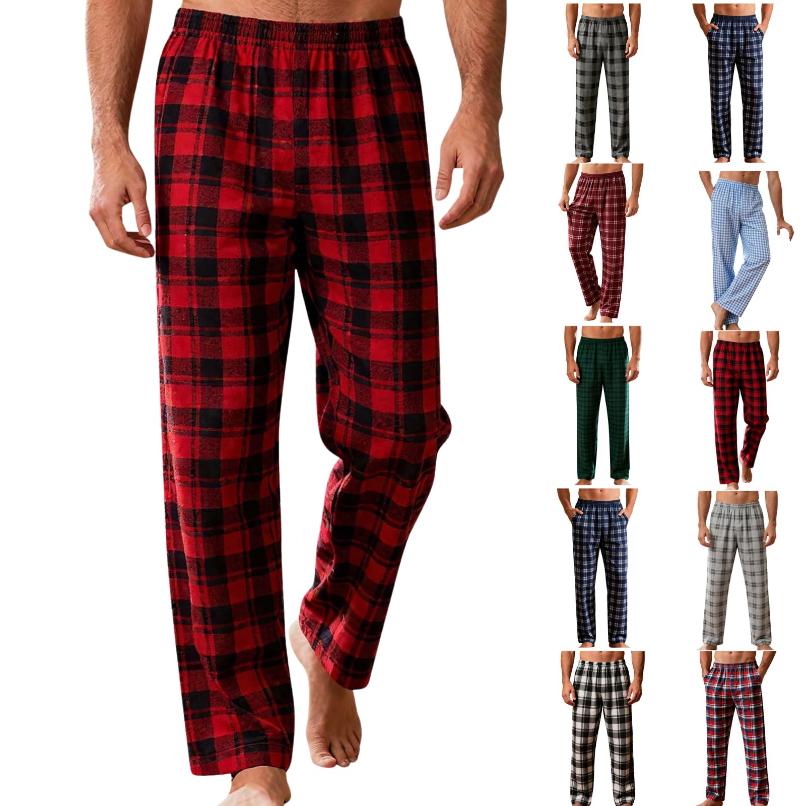 Ssuyeuri Mens Flannel Pajama Pant Straight Leg Lounge Pants Loose Sleepwear PJs with Pockets with Pockets Red