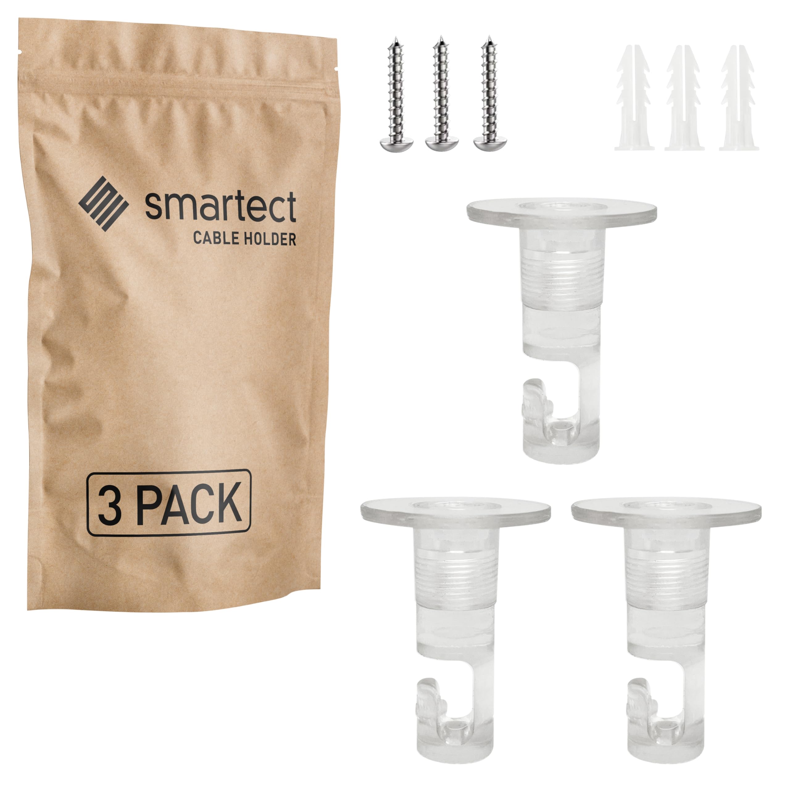 smartect Wall and Ceiling Pins for Hanging Textile Cables [3 Pieces, Transparent] Cable Decentralizer with wall Plugs and Screws Included, Ceiling Light Hook for Your DIY Project
