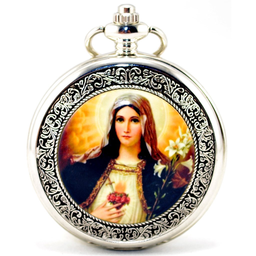 Infinite U Retro Catholic Blessed Virgin Mary Silver Hollow Skeleton Mechanical Pocket Watch