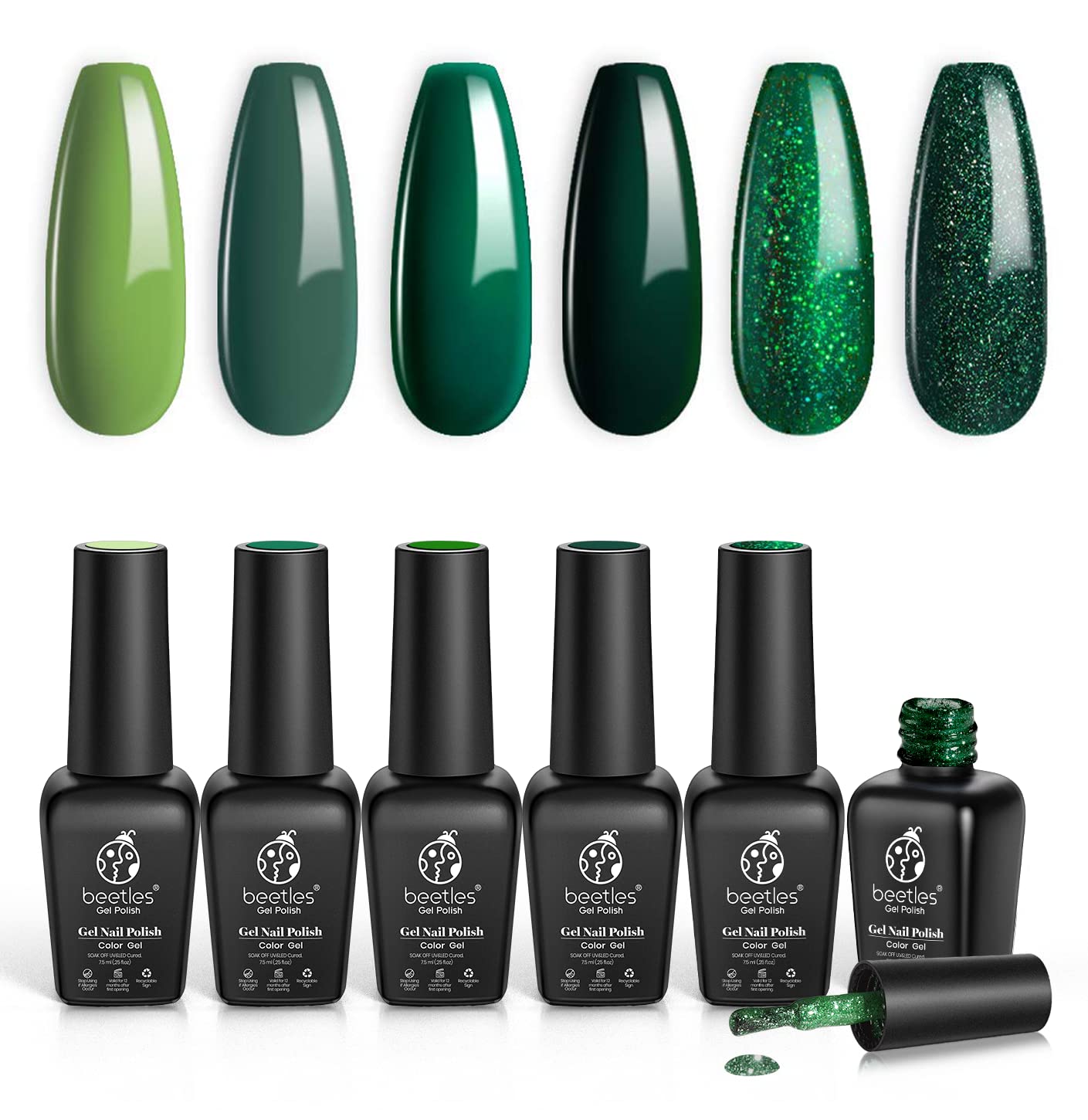 Beetles Spring Gel Nail Polish - 6 Pcs Carnival Evergreen Glitter Green Sparkle Gel Polish Kit Avocado Dark Green Nail Gel Polish Soak Off UV LED Gel Nail Kit Manicure Gift