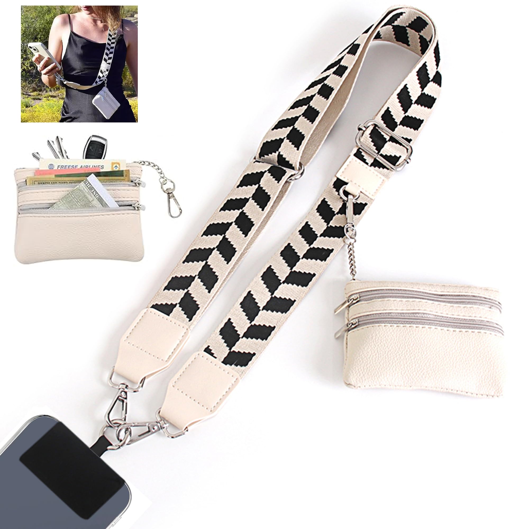 SCINYMC Phone Lanyard Crossbody with Zipper Pouch, Adjustable Phone Strap with Detachable Wallet/Wrist, Holds Multiple Cards & Cash, Clip and Go Strap Women/Teacher Gift for All Phone, Beige