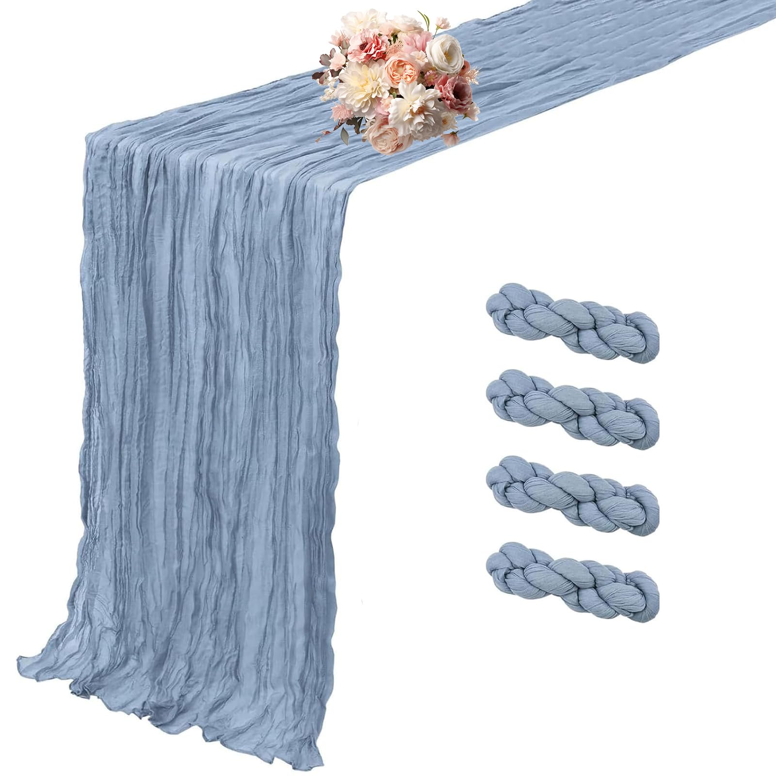 Photo 1 of 4 Pack Dusty Blue Cheesecloth Table Runner 10 FT Boho Gauze Cheese Cloth Table Runner 120 Inch Long Semi Sheer Rustic Cheese Cloth Fabric Table Runners for Wedding Birthday Party Decorations