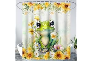 AILONEN Green Cute Cartoon Frog Waterproof Fabric Shower Curtain, Beautiful Sunflower Kawaii Tree Frog Shower Curtain Set with Hooks for Kids Boys Girls, 36" W x 72" H