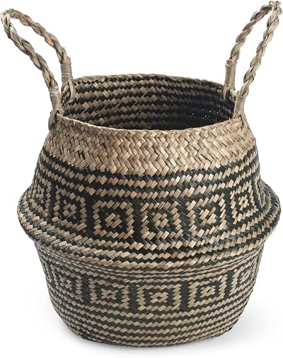 DOKOT Seagrass Plant Basket Natural Woven Planter Foldable with Handles Black