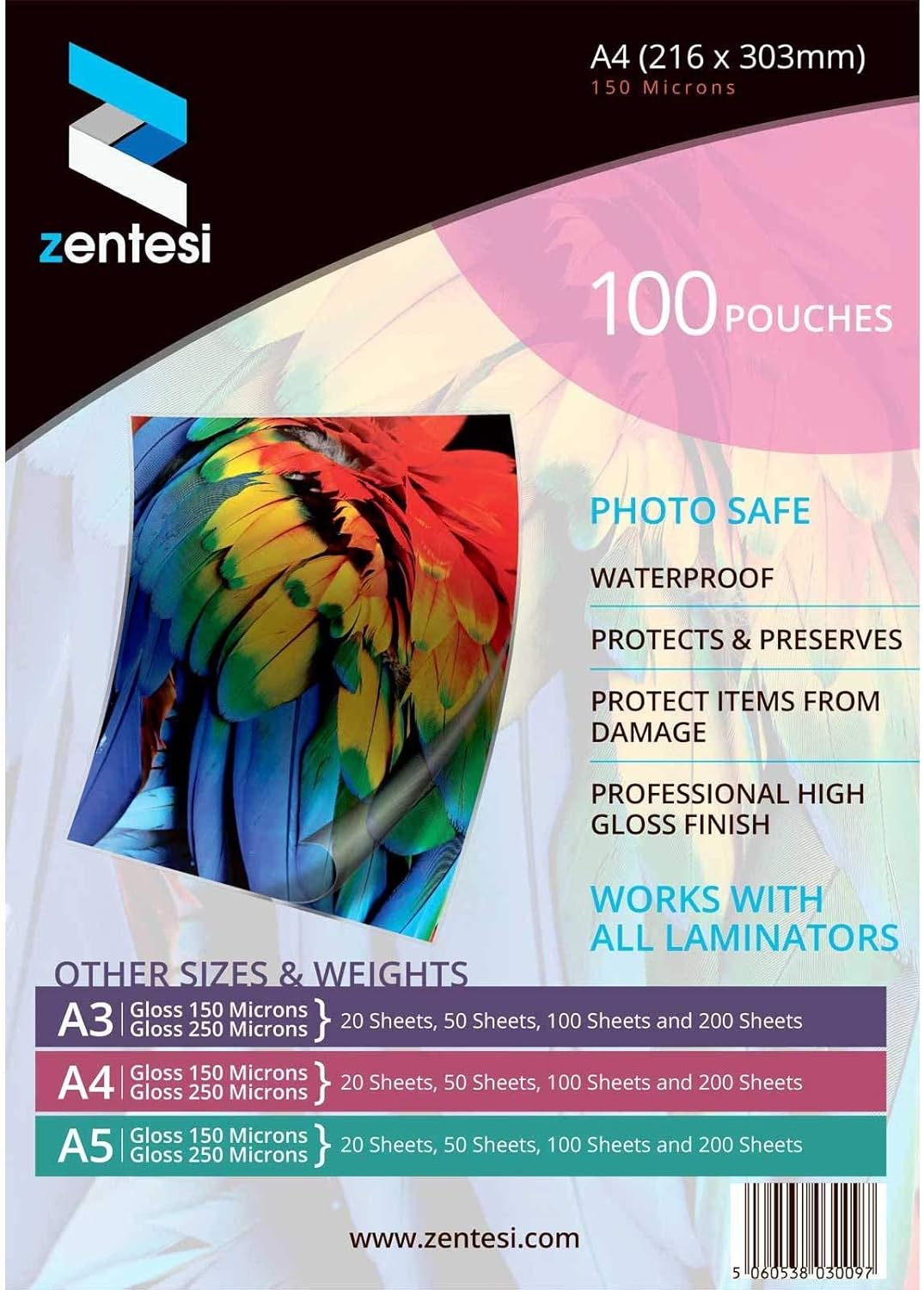 Zentesi A4 Laminating Pouches High Gloss Laminator Sleeves 150 Micron (75 + 75 Microns) Glossy Laminate Pouch Sheets - Pack Of 50