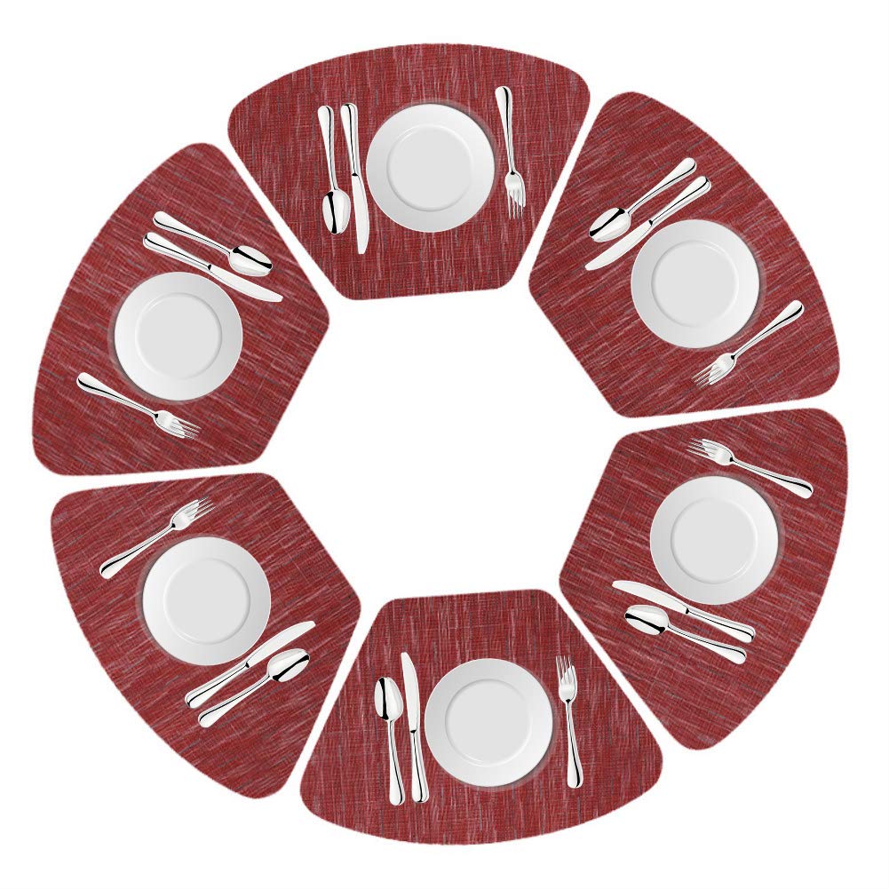 DRASAWEE Round Table Placemats Set of 6 Wedge Washable Table Mats for Kitchen, Heat Resistant (Wine Red, Set of 6)