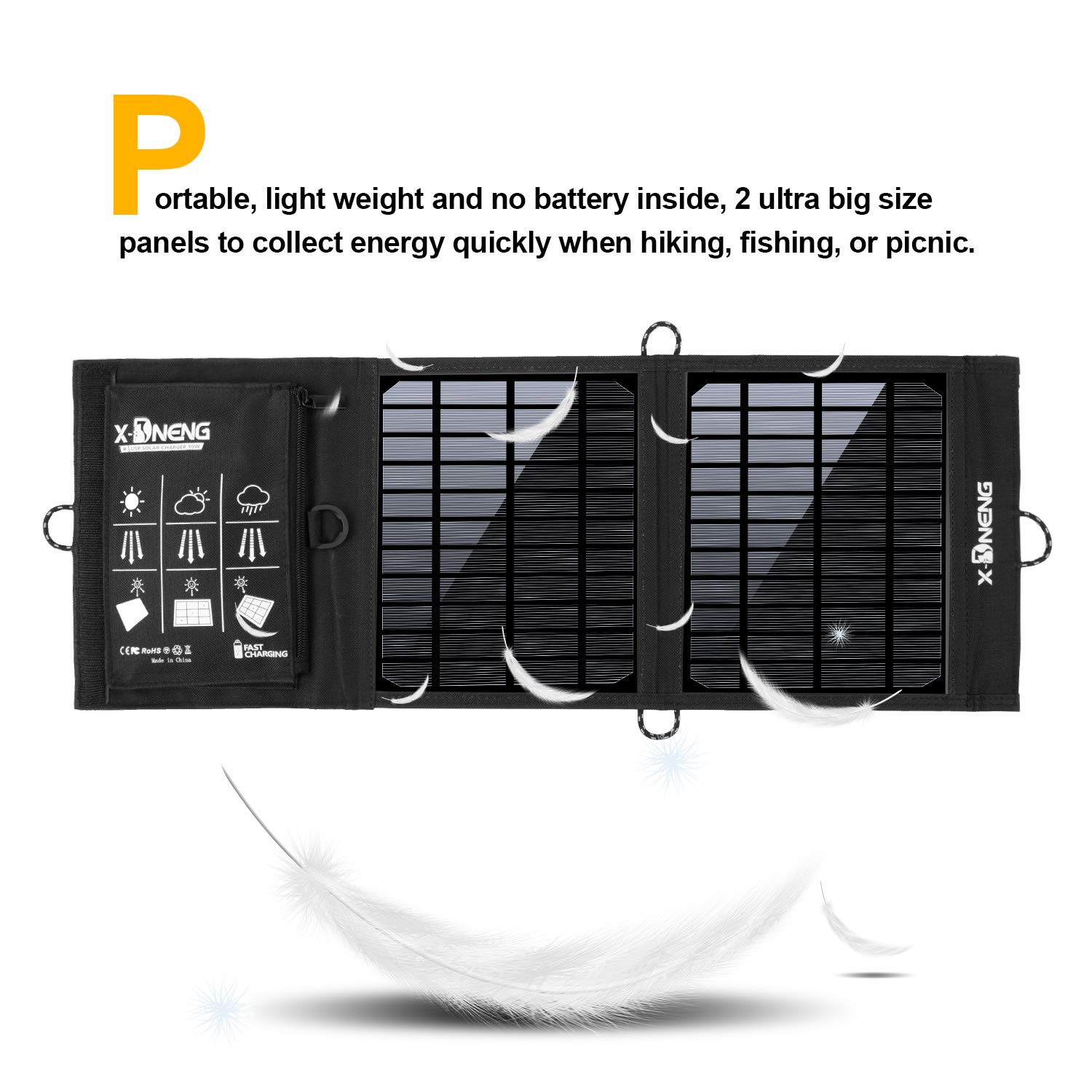 X-DNENG Solar Charger 10W Waterproof Foldable Single USB Port Solar Battery Charger Panel for Cell Phone, Power Bank, and Other Electronic Devices, Good Choice for Camping, Fishing, Hiking