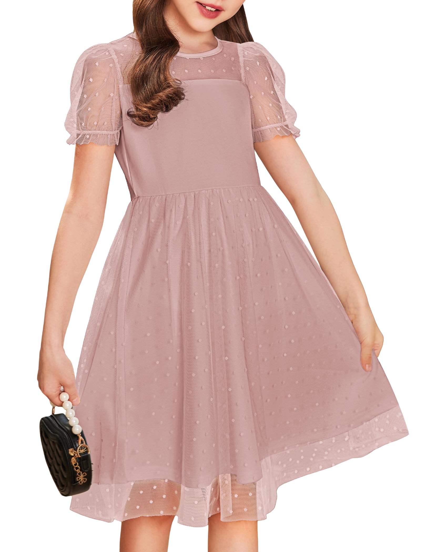 Arshiner Girls Dress Contrast Mesh Puffy Short Sleeve A Line Casual Party Dress 11-12 Year Dusty Pink Image