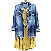 CYLADY Womens Denim Ripped Distressed Button Down Mid Long Casual Jean Jackets