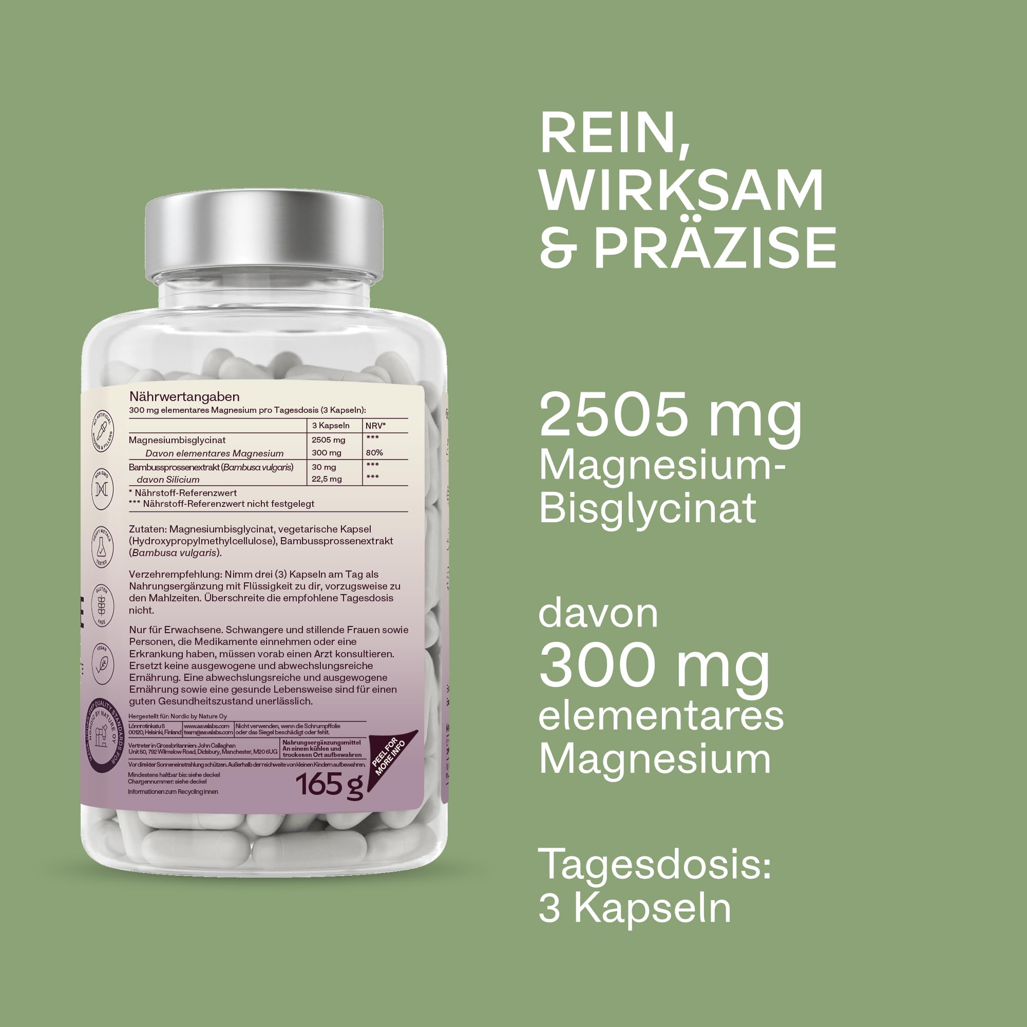 Magnesium Bisglycinat Hochdosiert 2505mg | 300mg Elementares Magnesium, Glycinat Kapseln Vegan - Ungepuffertes Magnesiumglycinat Chelat - 180 Bisglycinat Kapseln 5