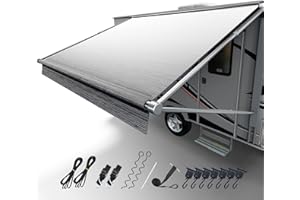 Fonzier RV Awning Fabric Replacement, 19.5oz Heavy Duty Vinyl, with Tie Down Kits & 7 Hooks & Pull Strap for Trailer Camper Awning- 13'(Fabric 12'2"), Light Gray Fade