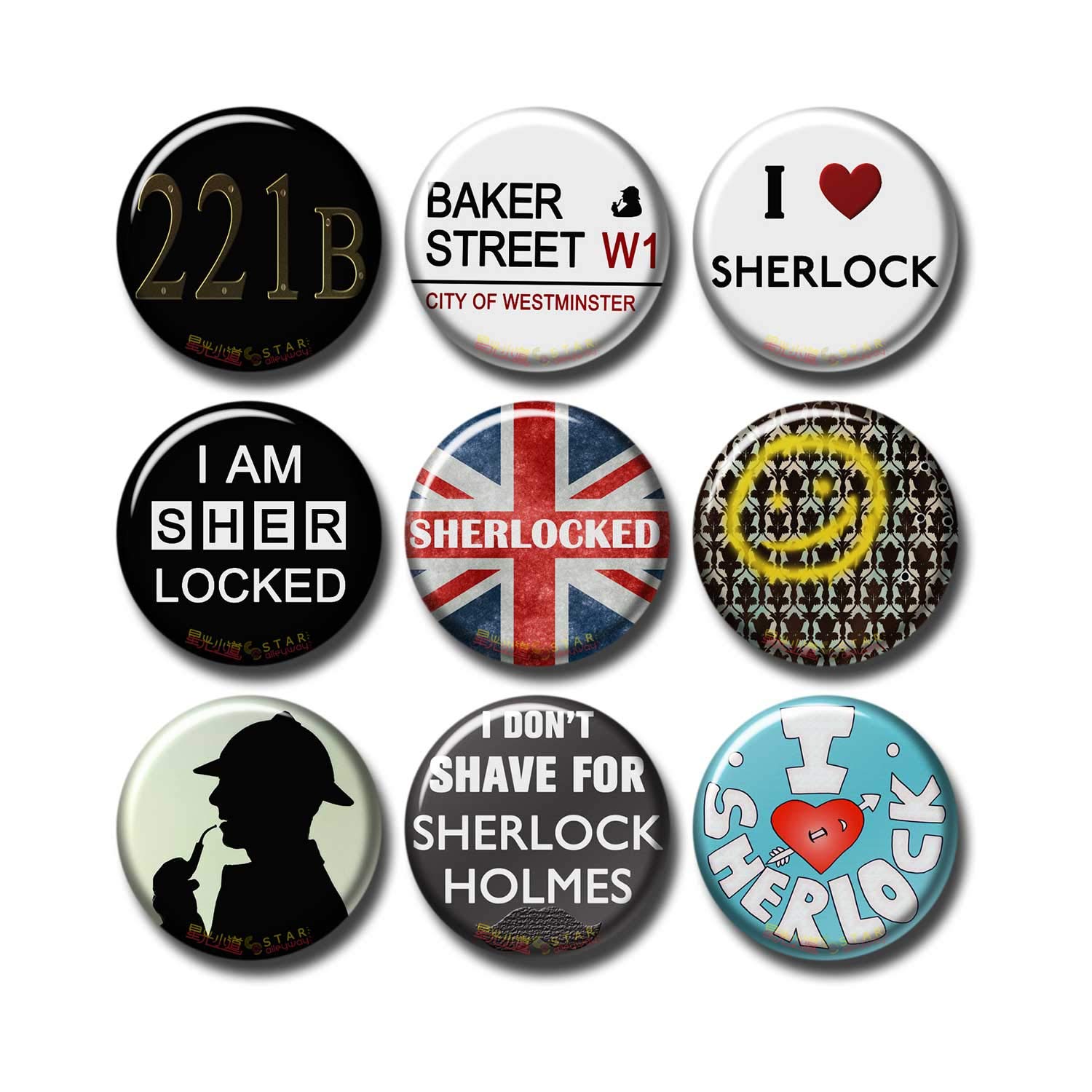 Pentagonwork Sherlock BBC 9 pcs Button Pins Set Pack TV Series 010-P006 Sherlock Holmes Logos I Heart Sherlock,Party Favors Supplies Gifts Home Decor (Round 1.5 inch|3.7cm)
