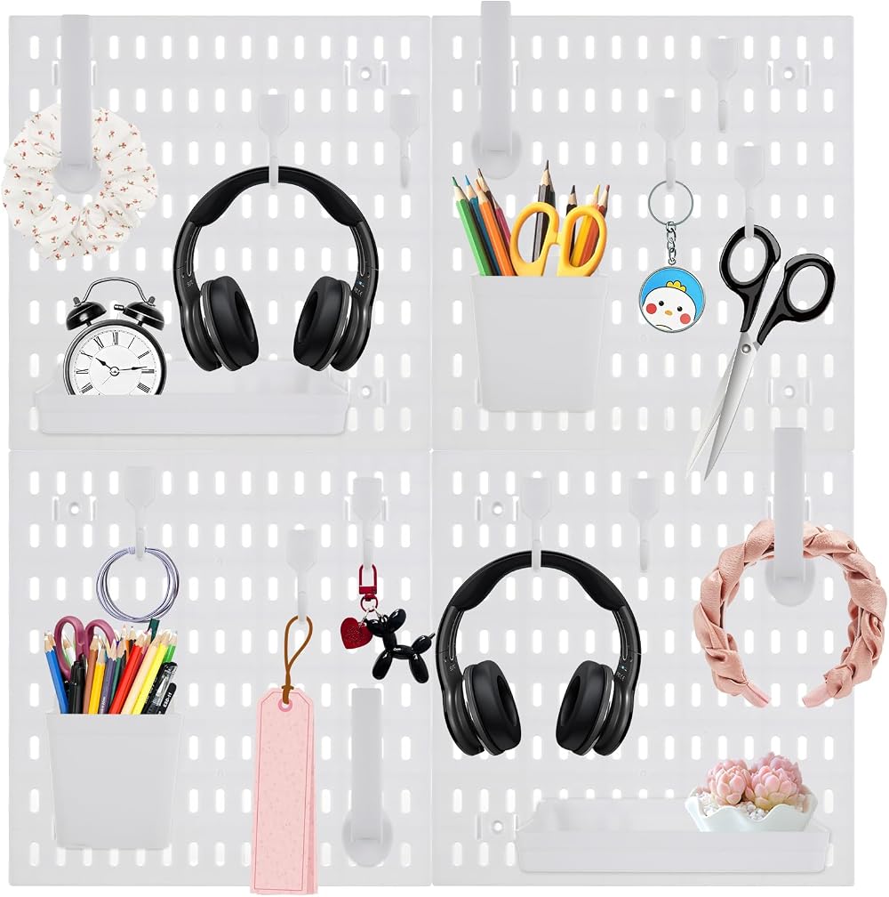 WOPPLXY Pegboard Combination Kit 4x 30x30cm White Wall Organiser 22 Accessories