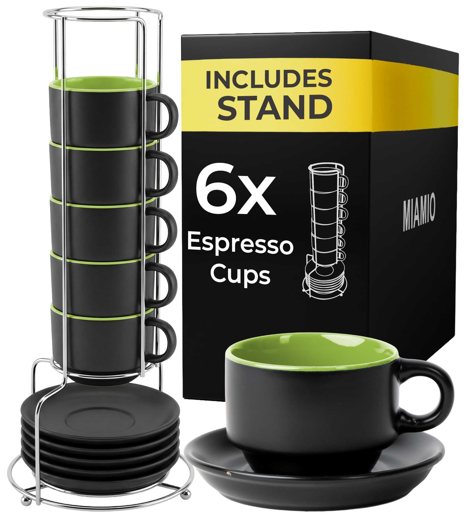 MIAMIO - 75 ml Espresso Cup Set with Saucers Coffee Mug Set of 6 - Ceramic Coffee Mug Stackable Espresso Mug with Stand for Coffee Drinks, Latte, Cafe Mocha - Le Papillon Collection (Green)