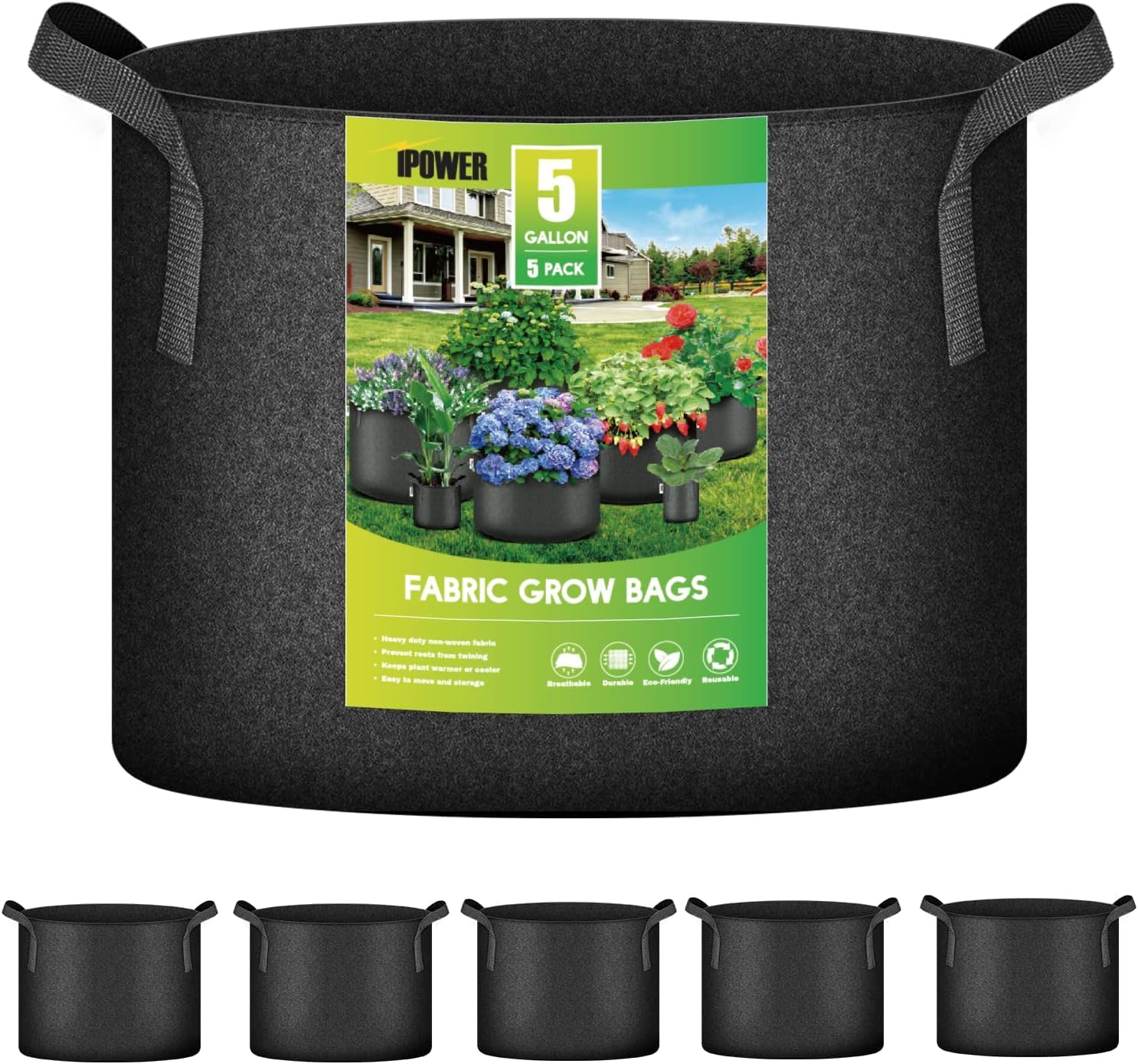 iPower Aeration Container with Strap Handles for Garden and Planting, Fabric, 5 Gallon, 5-Pack Black