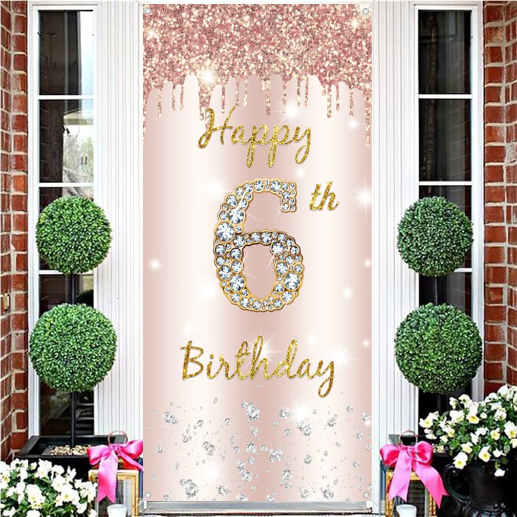 6th Birthday Decoration for Girls, Happy 6th Birthday Backdrop Banner Rosegold Fabric Sign Poster Girl 6 Years Old Door Banner Party Welcome Sign Photo Background, 180cm x 90cm