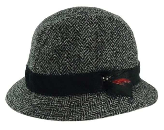 Harris Tweed Mens Trilby Hat with Moleskin Band Charcoal Herringbone