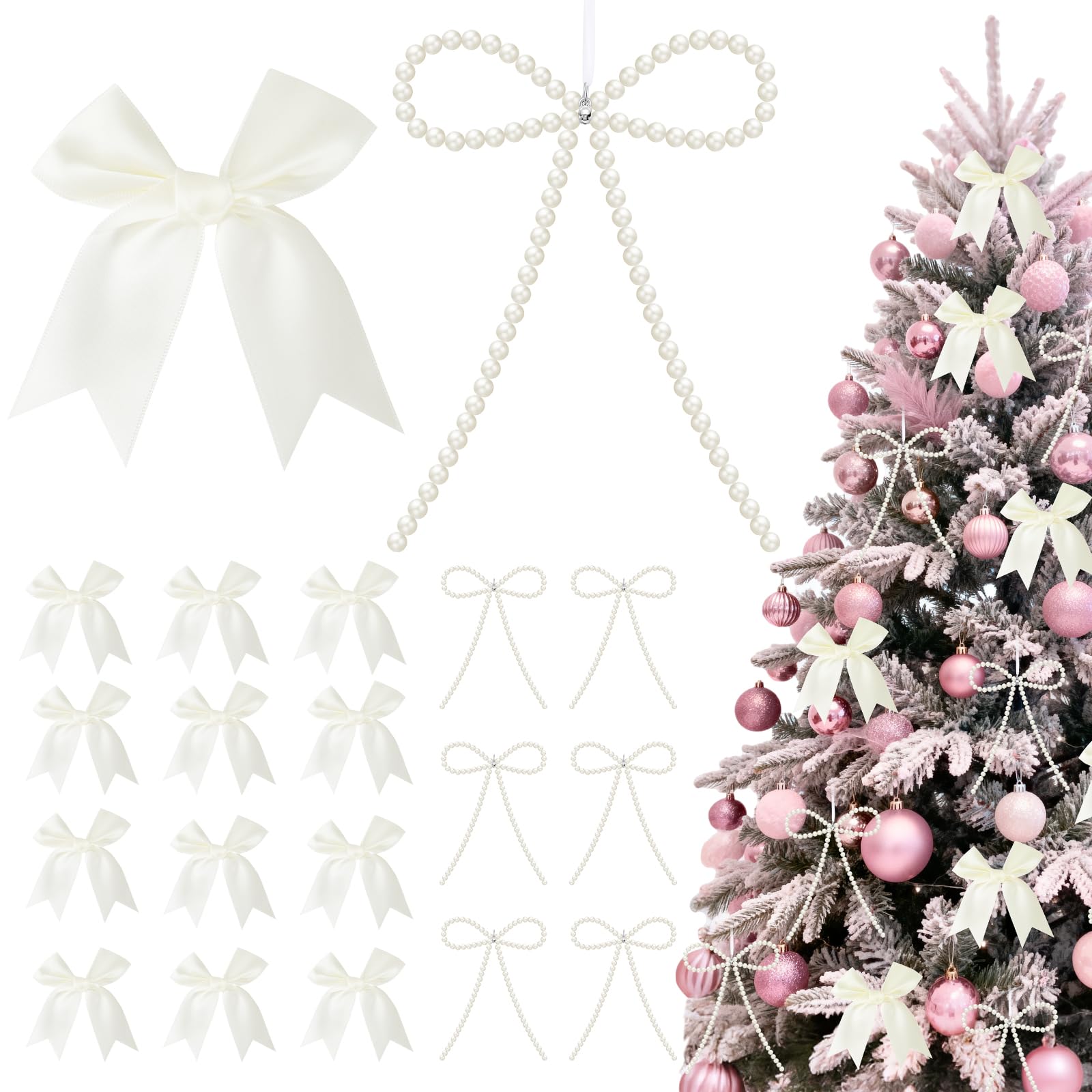 Photo 1 of 18 Pcs Bow Ornaments for Christmas Tree,Include 6 White Pearl Bows 12 Beige Satin Ribbon Bows,Bow Ornaments Christmas Tree Toppers for Home Wreath Fireplace Xmas Gift Packaging Wedding Party Decor