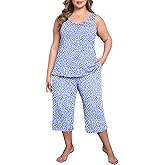 Lastshe Women's Plus Size Pajama Set 2 Piece Sleepwear Soft Cozy Sleeveless Knit Tank Top Capri Pants Lounge PJs with Pockets