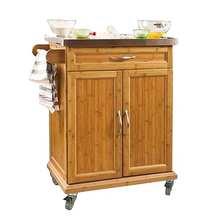 SoBuy® Luxus-Küchenwagen aus hochwertigem Bambus mit Edelstahltop, Küchenschrank, Kücheninsel B66xT46XH90cm FKW13-N
