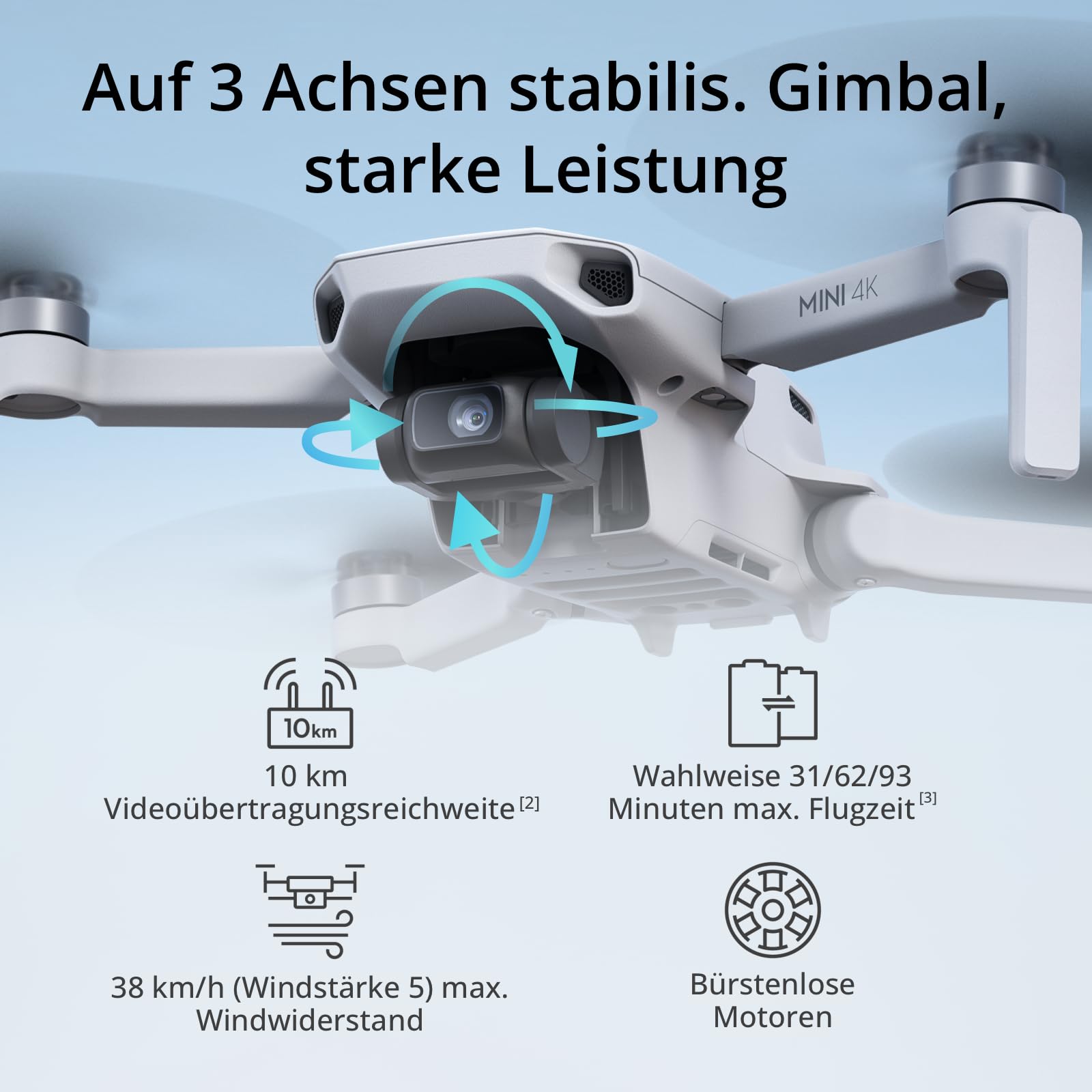 DJI Mini 4K Camera Drohnen Combo mit 4K UHD Kamera für Erwachsene, 3-Achsen-Gimbal-Stabilisierung, 10 km Videoübertragung, Autom. Rückkehr, windstabil, 2 Akkus 62 min Flugzeit, QuickShots, Unter 249g 3