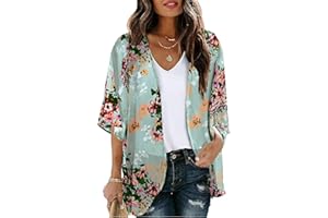 Chunoy Women Floral Print Lightweight Chiffon Kimono Cardigan Short Sleeve Loose Beach Wear Cover Up Blouse Top