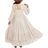 MITILLY Girls Boho Long Sleeve Backless Lace Flower Square Neck Tiered Ruffle Swing Party Maxi Dress