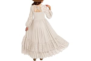 MITILLY Girls Boho Long Sleeve Backless Lace Flower Square Neck Tiered Ruffle Swing Party Maxi Dress