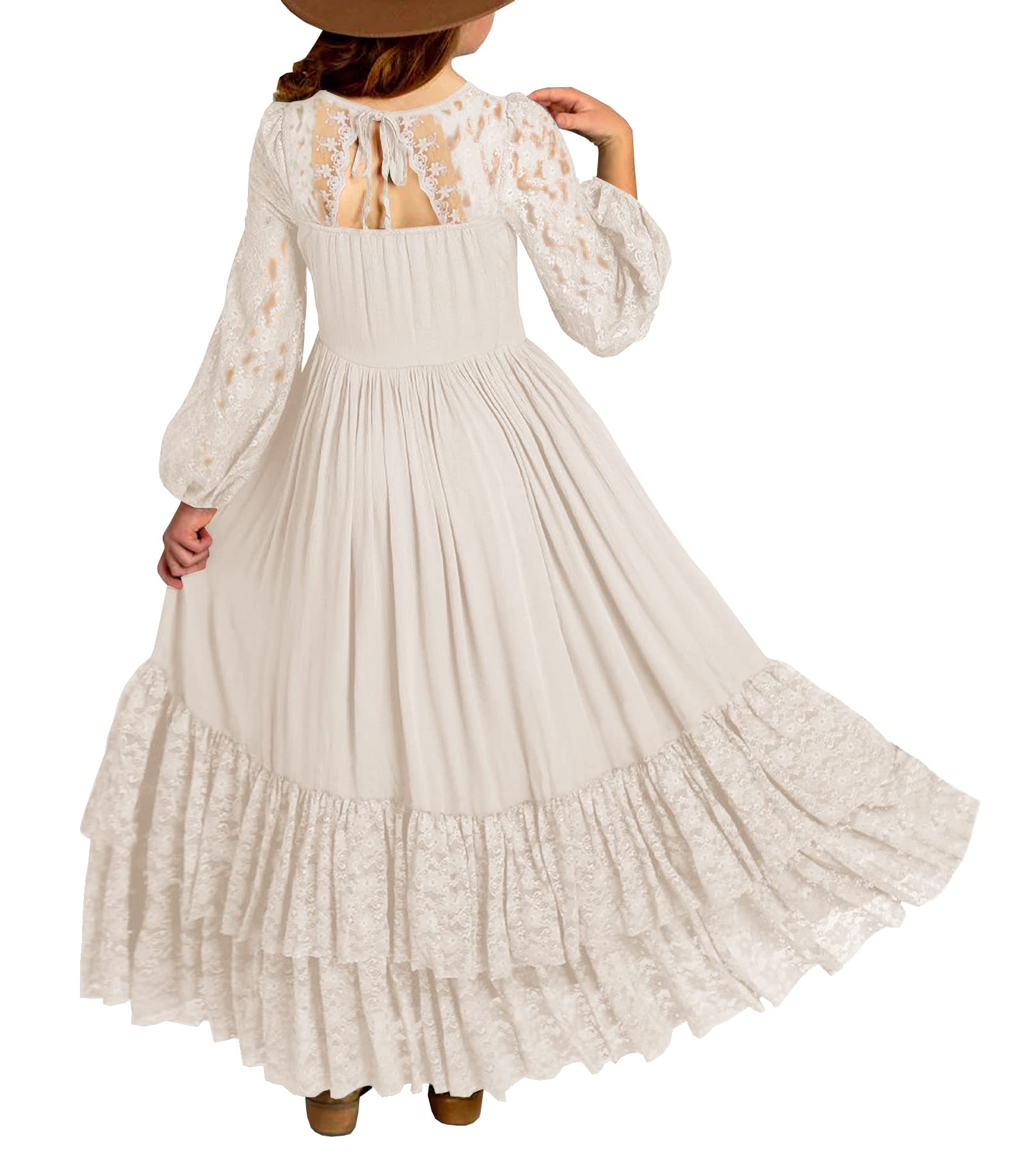 Photo 1 of MITILLY Girls Boho Long Sleeve Backless Lace Flower Square Neck Tiered Ruffle Swing Party Maxi Dress 12 Years Beige