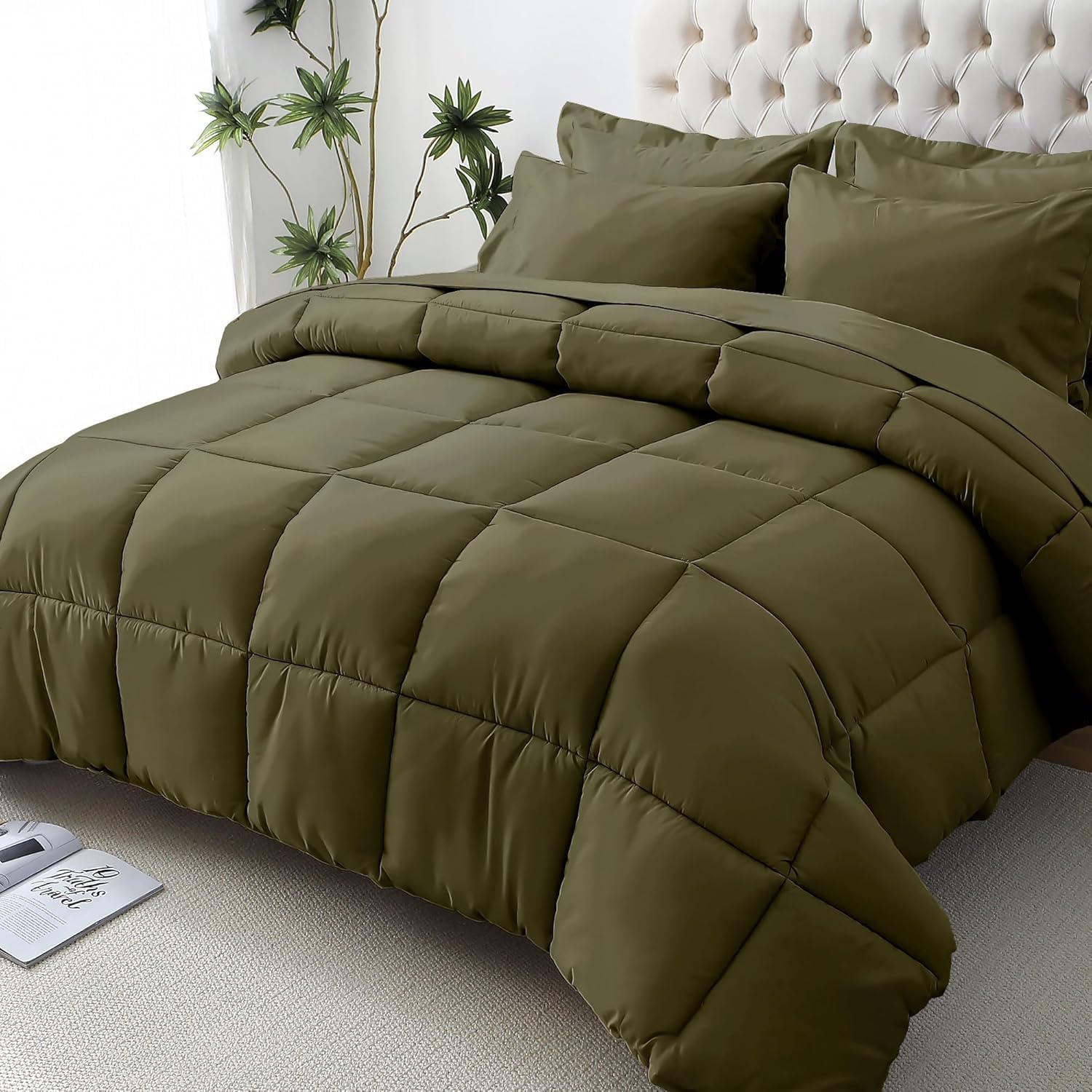 JOLLYVOGUE Full Comforter Set, Ultra-Soft Bed in a Bag Full Size 7 Pieces, Oeko-TEX Certified Bedding Set with Down Alternative Comforter, Sheets, Pillowcases & Shams, Olive Green Image