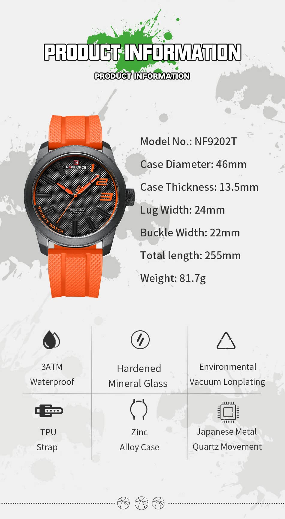 NANVIFORCE Fashion Watch with Silicone Strap Top Brand Luxury Men Watches Sport Waterproof Quartz Watches for Men, Orange, English
