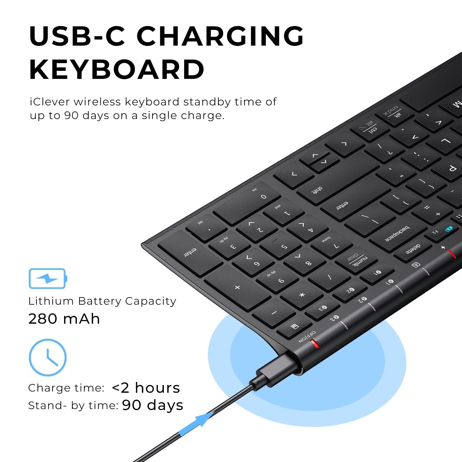 iClever BK10 Bluetooth Keyboard, Universal Bluetooth 5.1 Wireless Keyboard with Number Pad, Ergonomic Design, Multi-Device Compatibility, Stable Connection for Mac, iPad, iPhone, Android, Windows