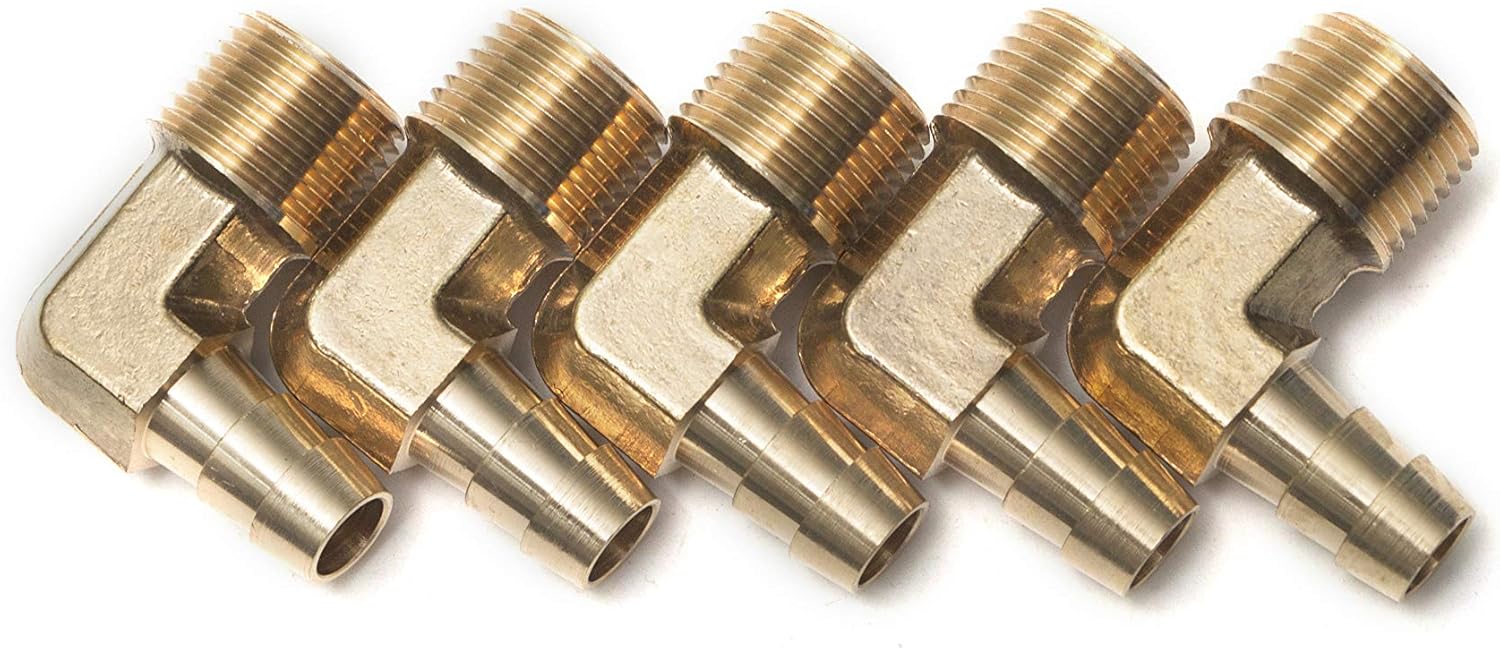 LTWFITTING 90 Deg Elbow Brass Barb Fitting 3/8-Inch Male BSPT x 10mm ID Hose(Pack of 5), 10mm ID Hose x 3/8" Male BSPT