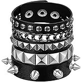 TIESOME 3 PCS Punk Rock Studded Bracelets Set, Spiked Leather Cuff Bracelets for Women Men 80s Emo Goth Jewelry Wristband Accessories Adjustable Wrap Wrist Cuffs for Halloween Party Favors