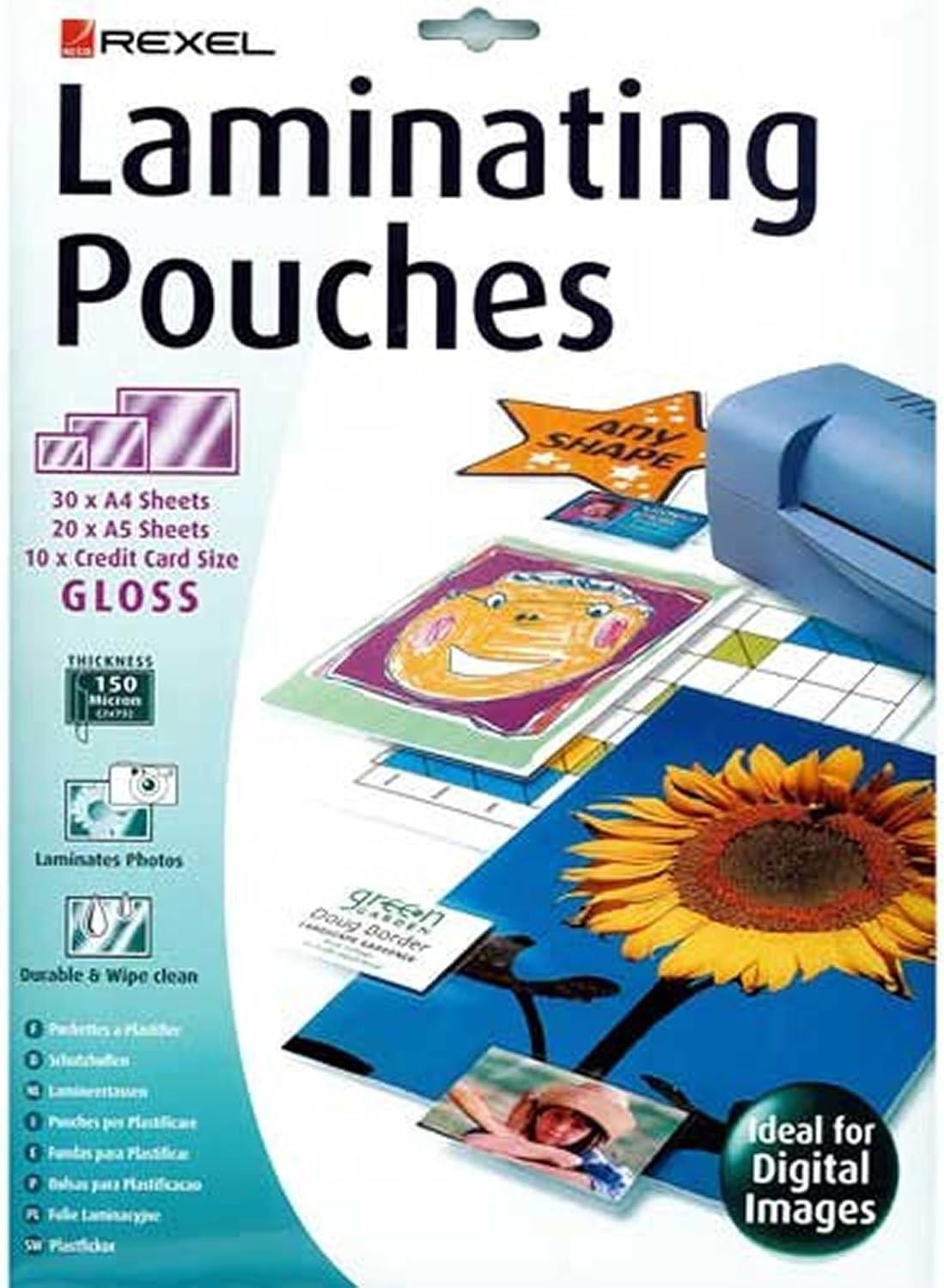 Rexel 3 Sizes Assorted Laminating Pouches High Gloss Finish 150 Micron