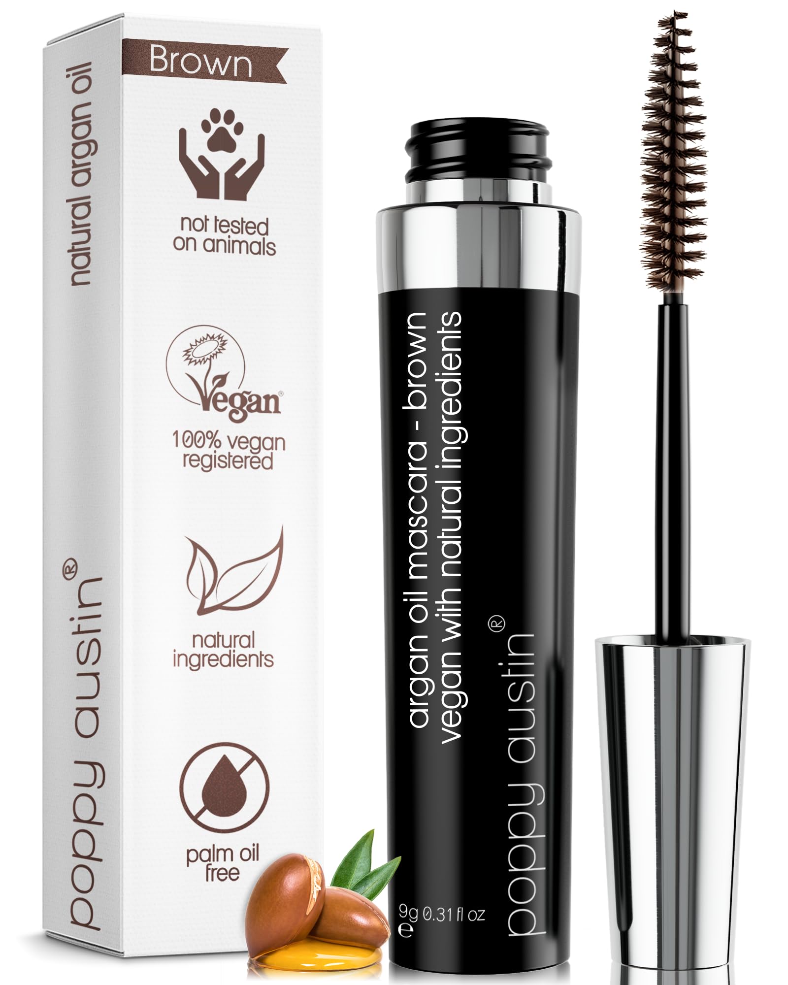 Poppy Austin - Vegan Mascara Brown Volume And Length Waterproof - Gentle, Hypoallergenic Volumising, Organic & Cruelty Free All Natural Organic Mascara For Sensitive Eyes (9 Grams, Brown) — image 1